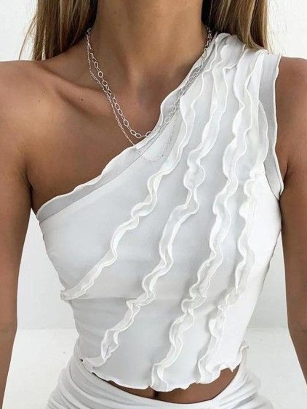 One-Shoulder Ruffle Crop Top Tiger Mist White #0455